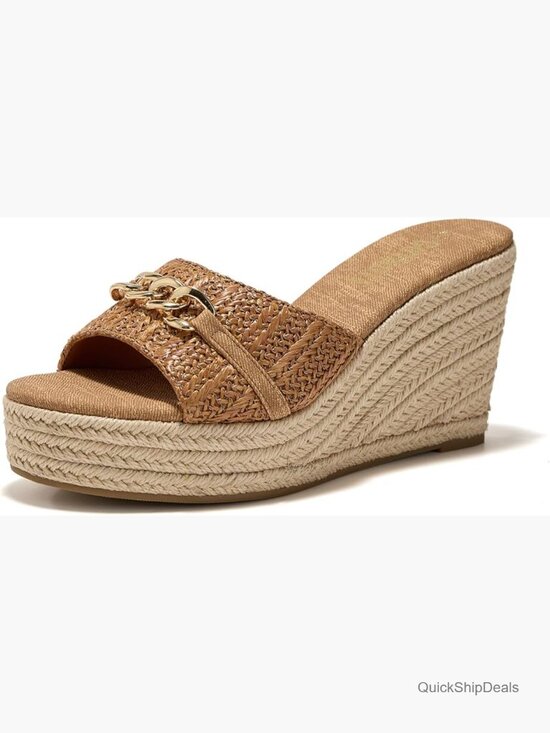 Shoes - Raffia Wedge Espadrilles Sandals with Chain Detail Slip On Slides
